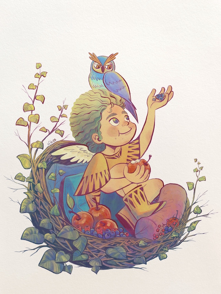 Children's book illustration (magical angel boy and owl) by H. Chia 笳彧