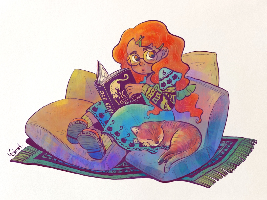 Children's book illustration (red hair girl, books and cat) by H. Chia 笳彧