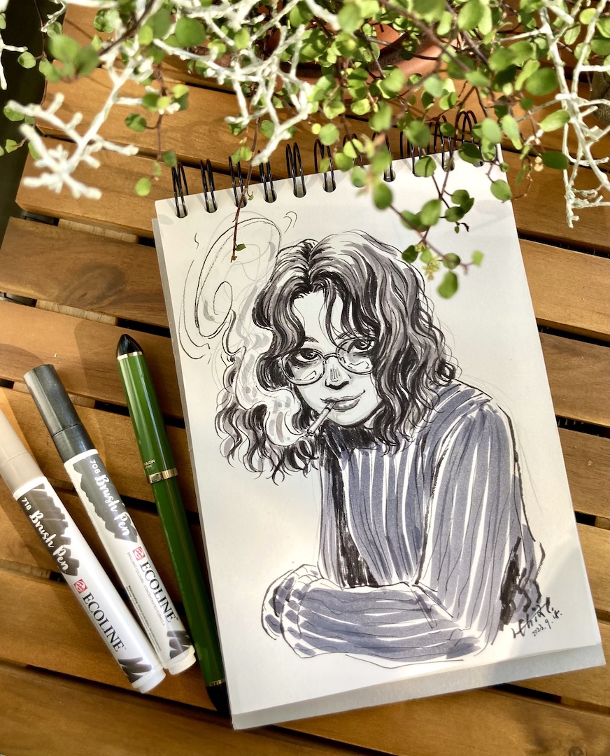 Sketch and ink drawing of a cool woman (Ecoline brush pen) by H. Chia 笳彧