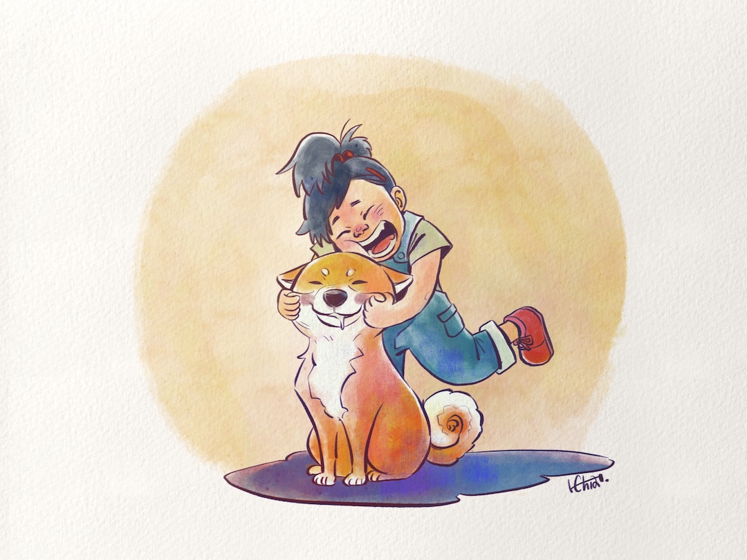 Children's book illustration (girl and shiba inu dog) by H. Chia 笳彧