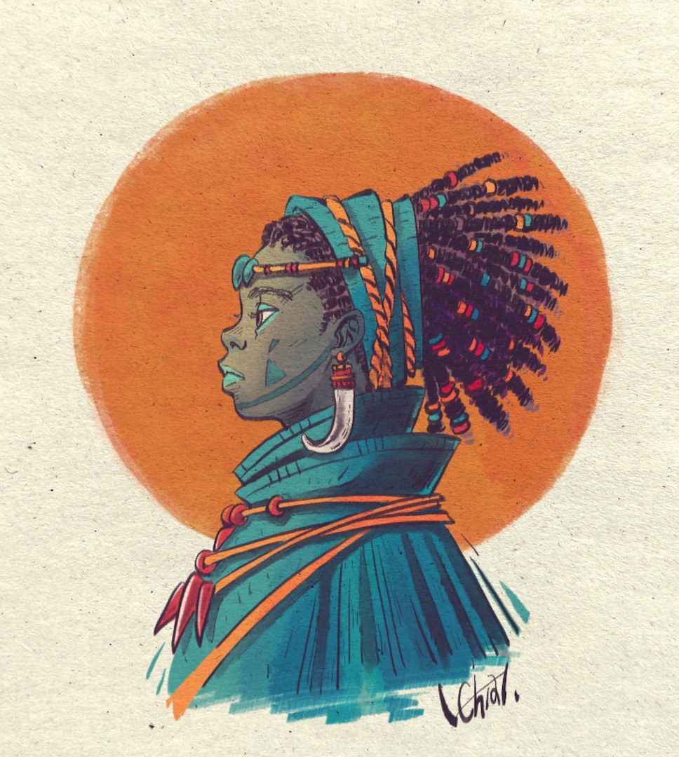 Manga character design (magical, African-inspired, sunset, shaman) by H. Chia 笳彧 in Procreate